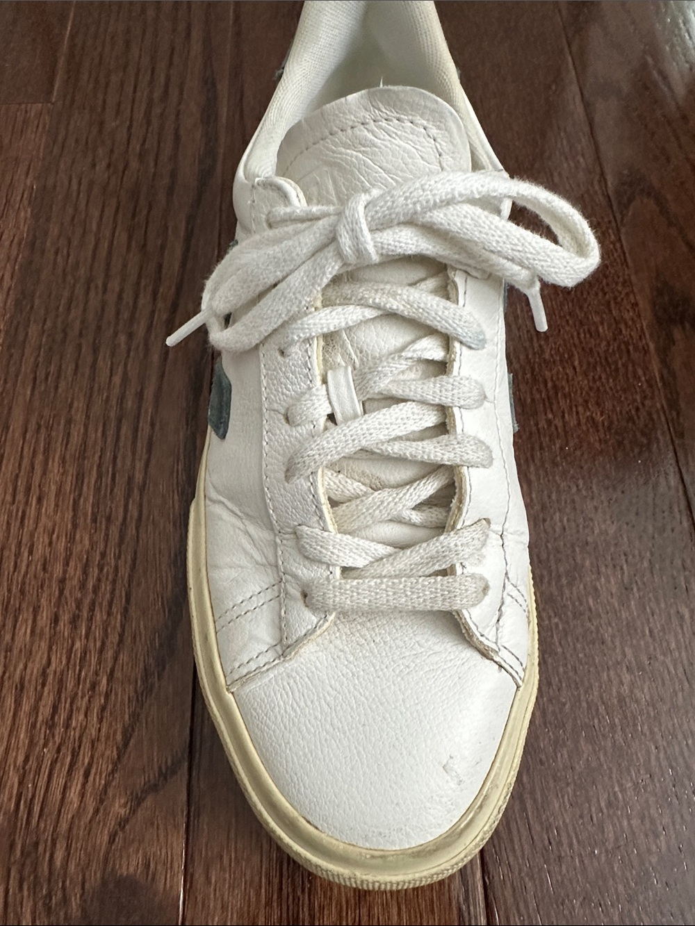 Veja White Leather Sneakers with Blue-Green V Accent. Size 7 - Picture 3 of 11